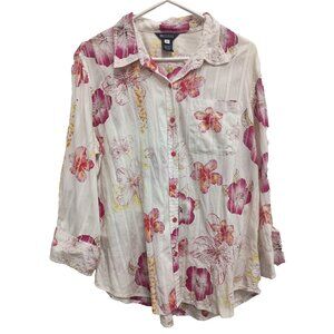 Multiples Womens Shirt XL Pink White Floral Beaded BOHO Cottagecore Button Up
